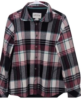 Orvis Plaid Snap-Front Jacket - Burgundy, Black, White, Teal With Pockets.